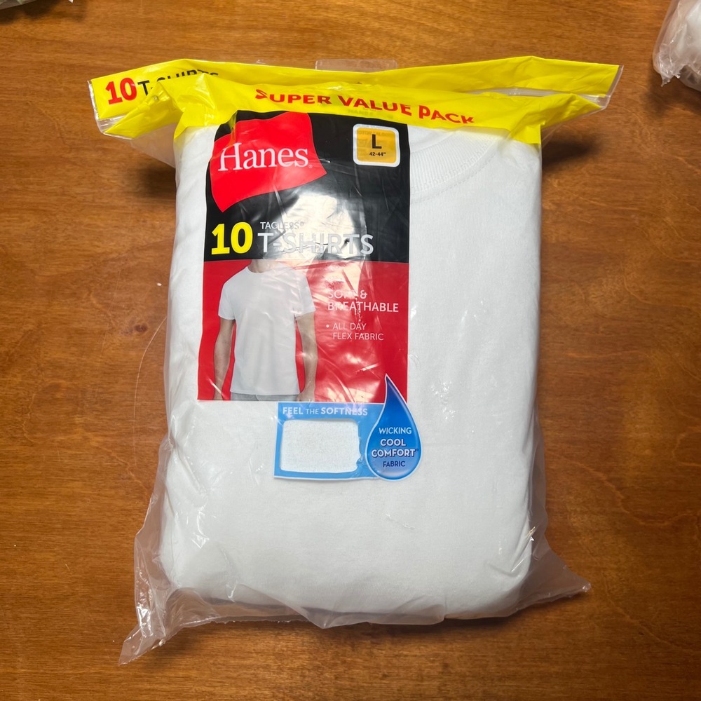 Hanes T-Shirts Mens L White 10-Pack Tagless Cool Comfort Crew Neck 2135Z0